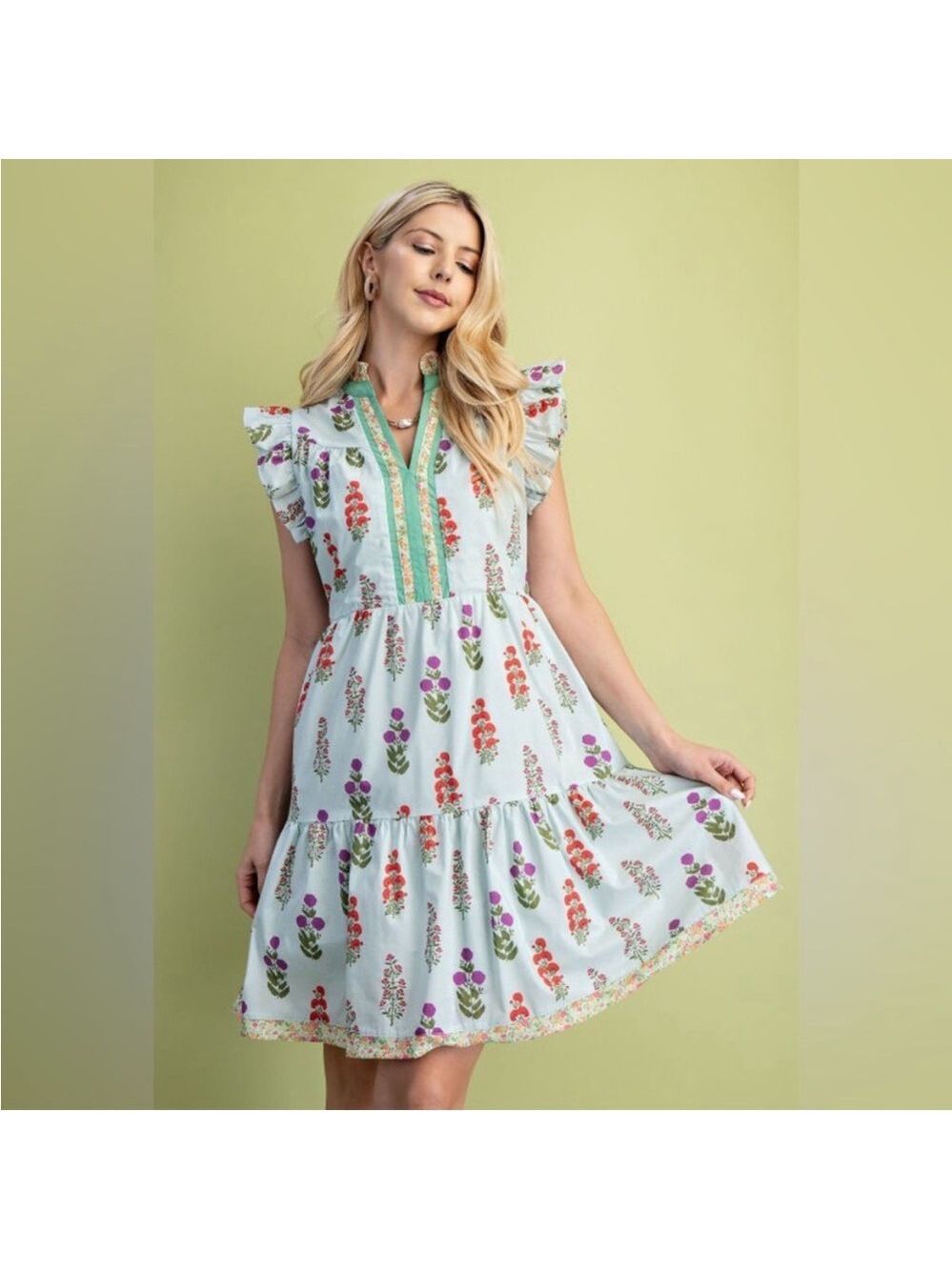 Gigio Floral Ruffle Sleeve Dress Mixed Media Mini Dress 100% Cotton Size Small - Picture 3 of 10